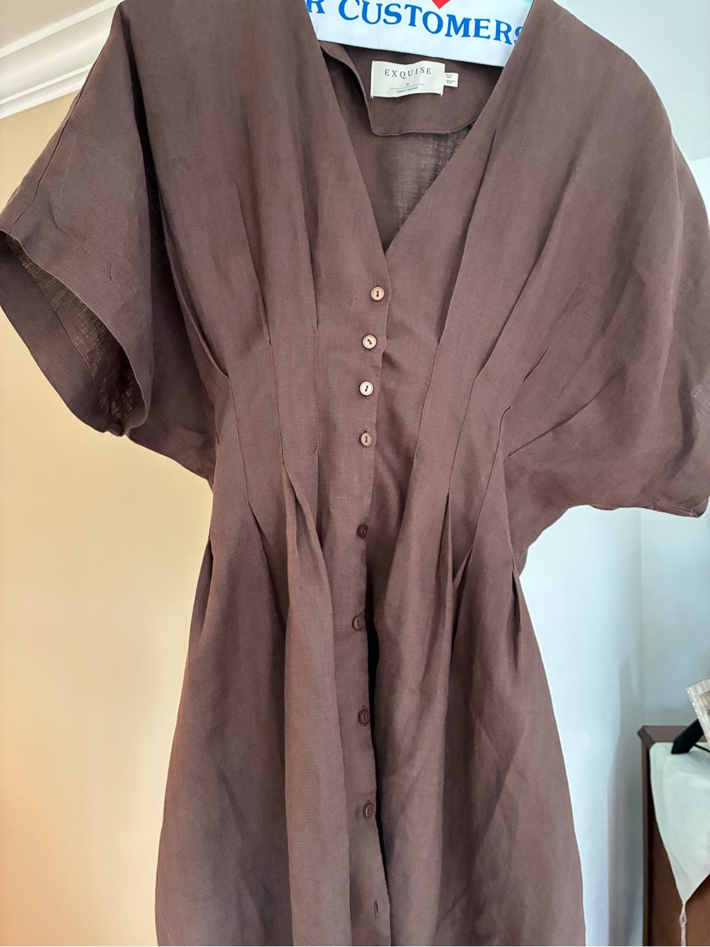 Anthropologie Exquise Brown linen Button-Front Waist-Defined Mini Dress - Picture 5 of 7
